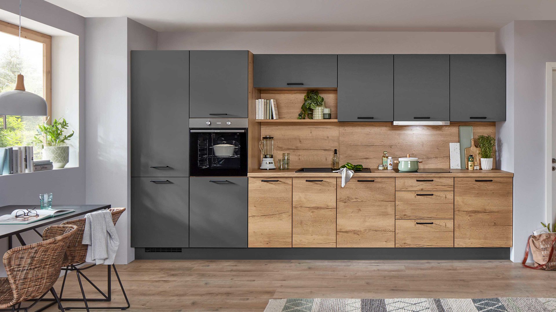 Einbauküche Nobilia® aus Holz in Holzfarben nobilia® Einbauküche Senso mit gorenje Elektrogeräten, z. B.  Kühlschrank Eiche Sierra & Schiefergrau - Länge ca. 390 cm