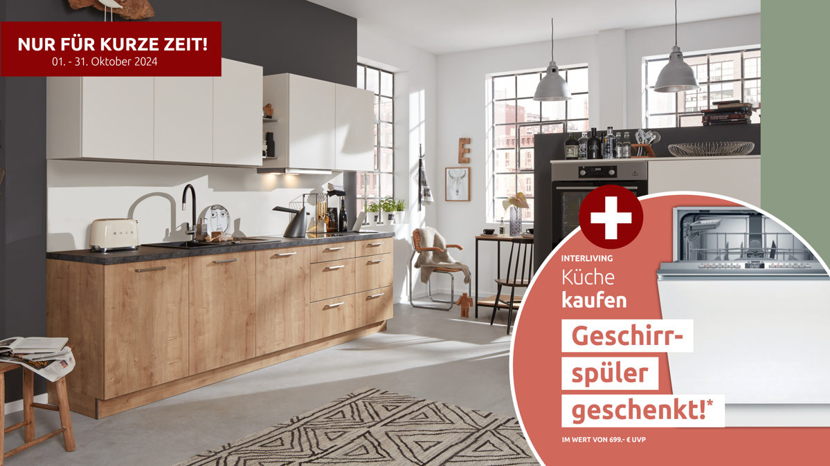 Einbauküche Interliving aus Holz in Weiß Interliving Küche Serie 3014 mit AEG Einbaugeräten Magnolie & Chaleteiche – zweizeilig