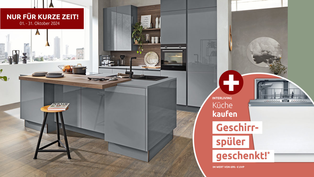 Einbauküche Interliving aus Holz in Grau Interliving Küche Serie 3042 mit SIEMENS Einbaugeräten Quarzgrau & Eiche Graphitsilber  – zweizeilig