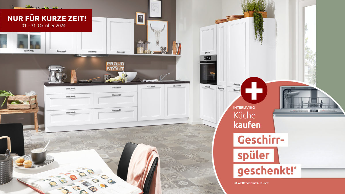 Einbauküche Interliving aus Holz in Weiß Interliving Küche Serie 3023 mit AEG Einbaugeräten Weiß & Mooreiche – zweizeilig