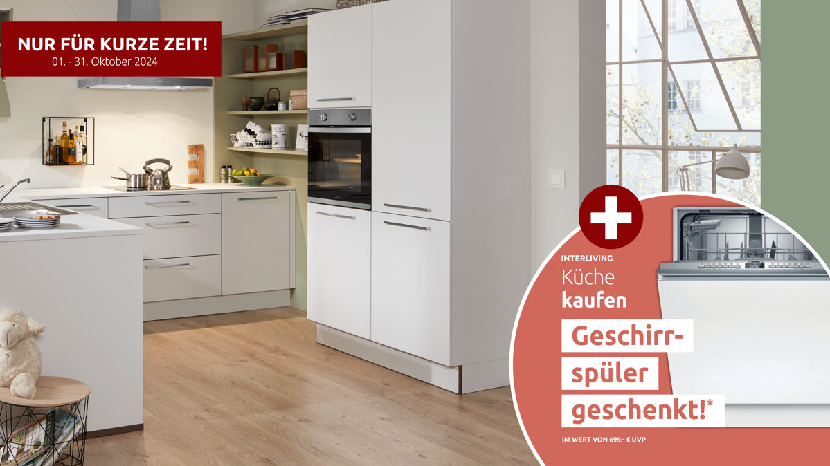 Einbauküche Interliving aus Holz in Weiß Interliving Küche Serie 3010 mit privileg Einbaugeräten Weiß & Avocado – vierzeilig