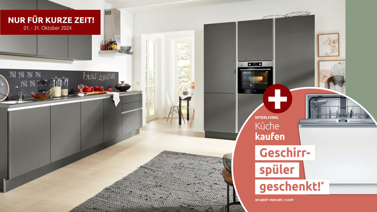 Einbauküche Interliving aus Holz in Grau Interliving Küche Serie 3017 mit AEG Einbaugeräten Quarzgrau & Quarzgrau Metallic – zweizeilig