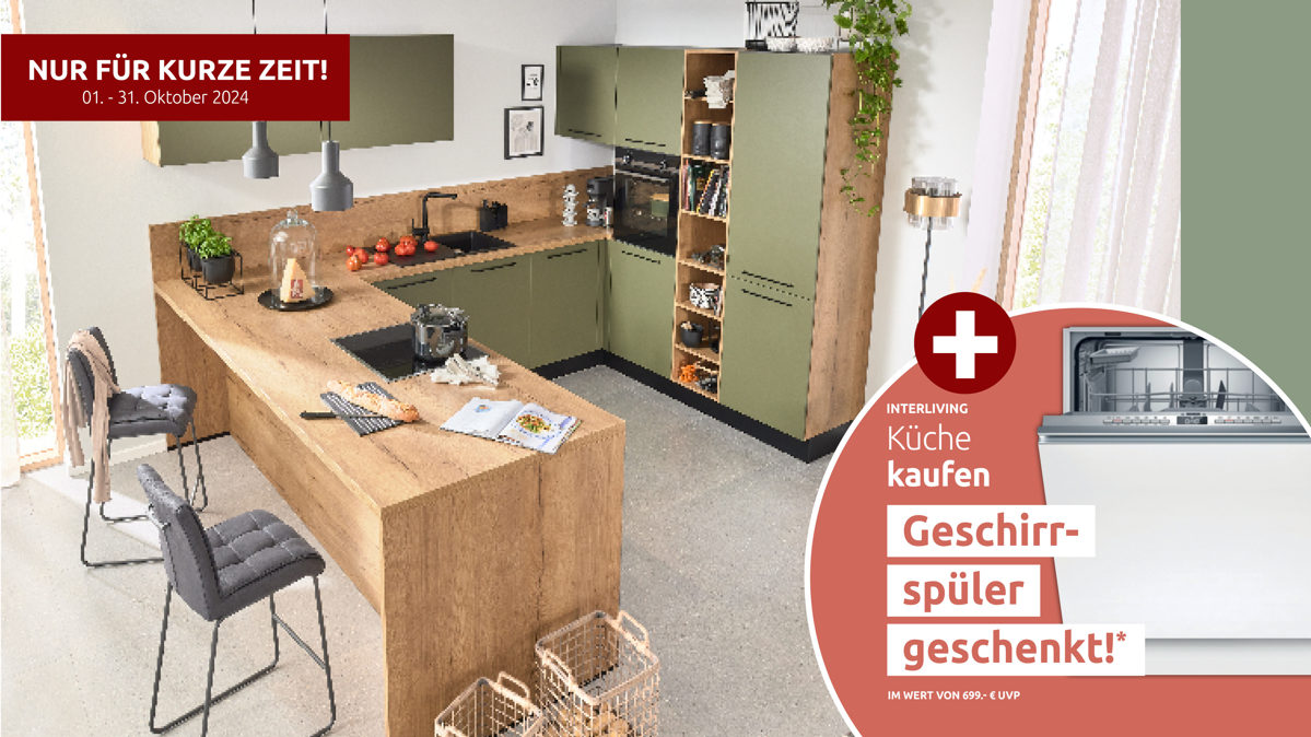 Einbauküche Interliving aus Holz in Grün Interliving Küche Serie 3065 mit SIEMENS-Einbaugeräten Olive & Eiche Ventura – Stellfläche ca. 350 x 278 cm