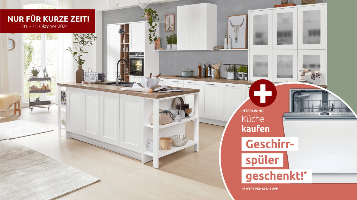 Einbauküche Interliving aus Holz in Weiß Interliving Küche Serie 3002 mit SIEMENS Einbaugeräten Weiß & Steineiche - zweizeilig