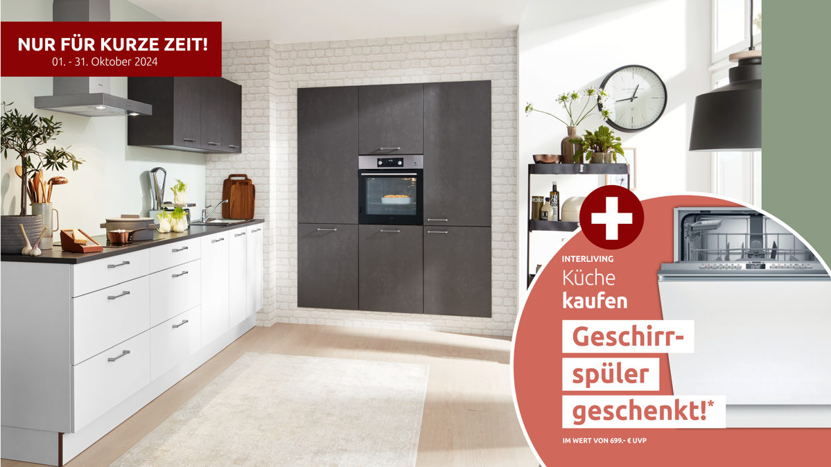 Einbauküche Interliving aus Holz in Grau Interliving Küche Serie 3019 mit AEG Einbaugeräten Weiß & Stahlgrau – zweizeilig