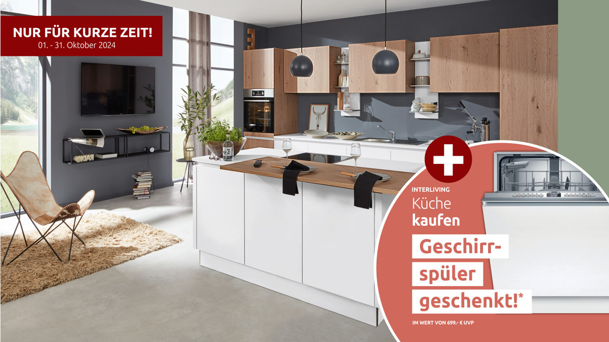 Einbauküche Interliving aus Holz in Weiß Interliving Küche Serie 3013 mit AEG Einbaugeräten Arcticweiß & Eiche Pinot – zweizeilig