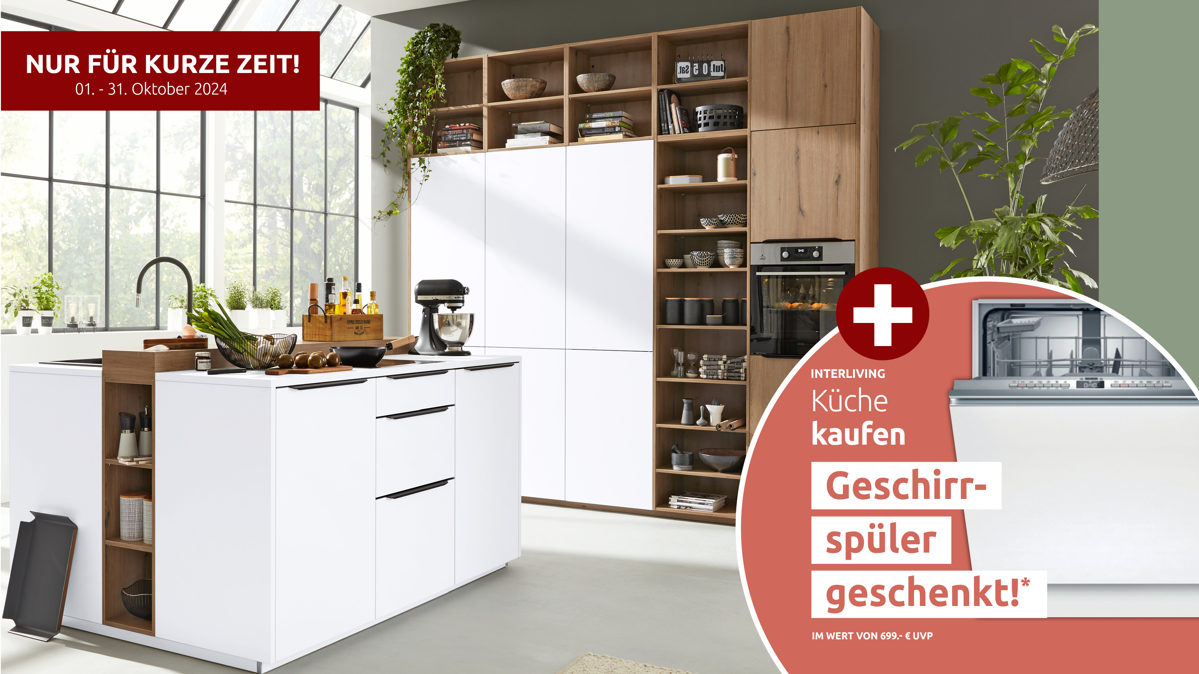 Einbauküche Interliving aus Holz in Weiß Interliving Küche Serie 3039 mit AEG Einbaugeräten Arcticweiß & Vulkaneiche – zweizeilig