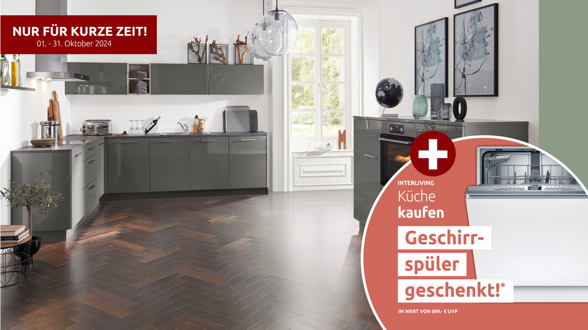 Einbauküche Interliving aus Holz in Grau Interliving Küche Serie 3007 mit AEG Einbaugeräten Quarzgrau & Steel – zweizeilig