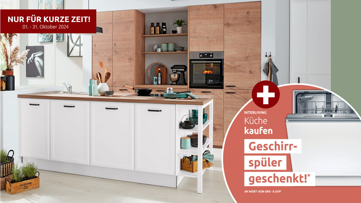 Einbauküche Interliving aus Holz in Weiß Interliving Küche Serie 3036 mit AEG-Einbaugeräten Weiß & Steineiche - zweizeilig