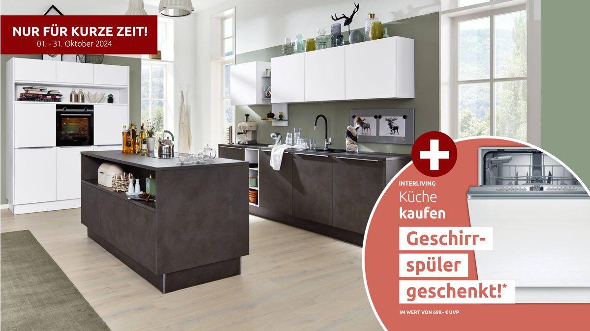 Einbauküche Interliving aus Holz in Grau Interliving Küche Serie 3011 mit SIEMENS Einbaugeräten Zement Anthrazit & Weiß – dreizeilig