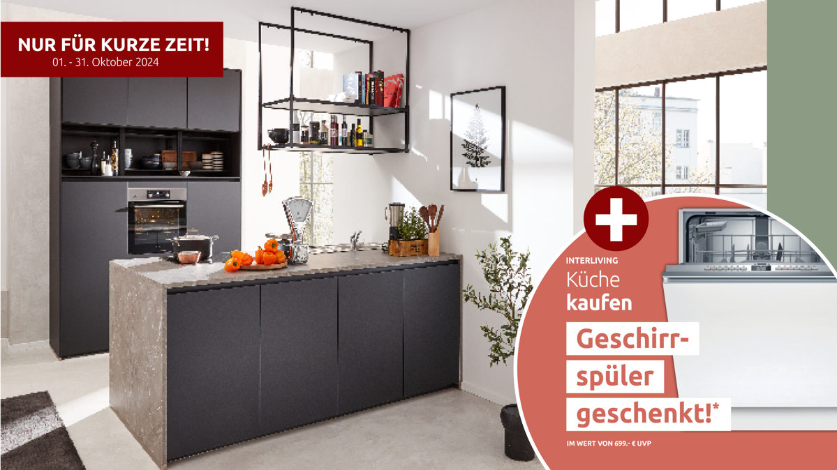 Einbauküche Interliving aus Holz in Schwarz Interliving Küche Serie 3035 mit AEG Einbaugeräten Schwarz & Quarzgrau – zweizeilig