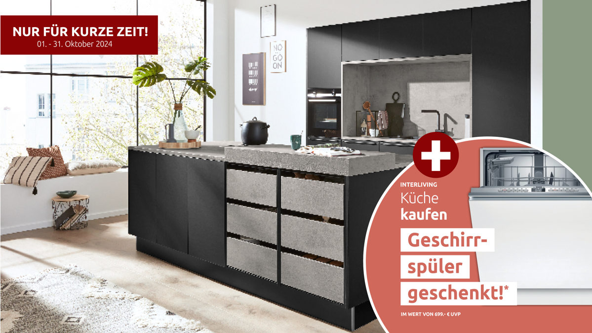 Einbauküche Interliving aus Holz in Schwarz Interliving Küche Serie 3047 mit SIEMENS Einbaugeräten Schwarz & Beton  – zweizeilig