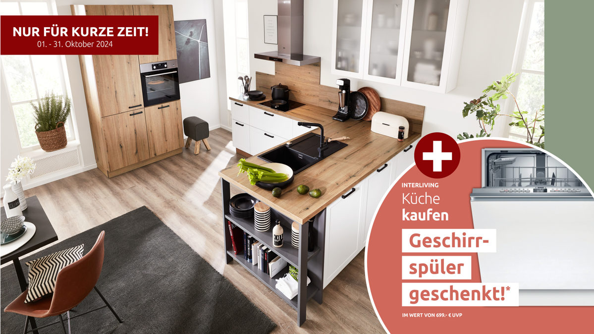 Einbauküche Interliving aus Holz in Weiß Interliving Küche Serie 3029 mit AEG-Einbaugeräten Mattweiß, Quarzgrau & Vulkaneiche - zweizeilig