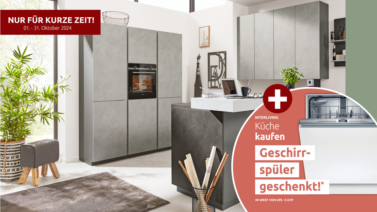 Einbauküche Interliving aus Holz in Grau Interliving Küche Serie 3033 mit SIEMENS Einbaugeräten Zement Anhrazit & Saphirgrau - zweizeilig