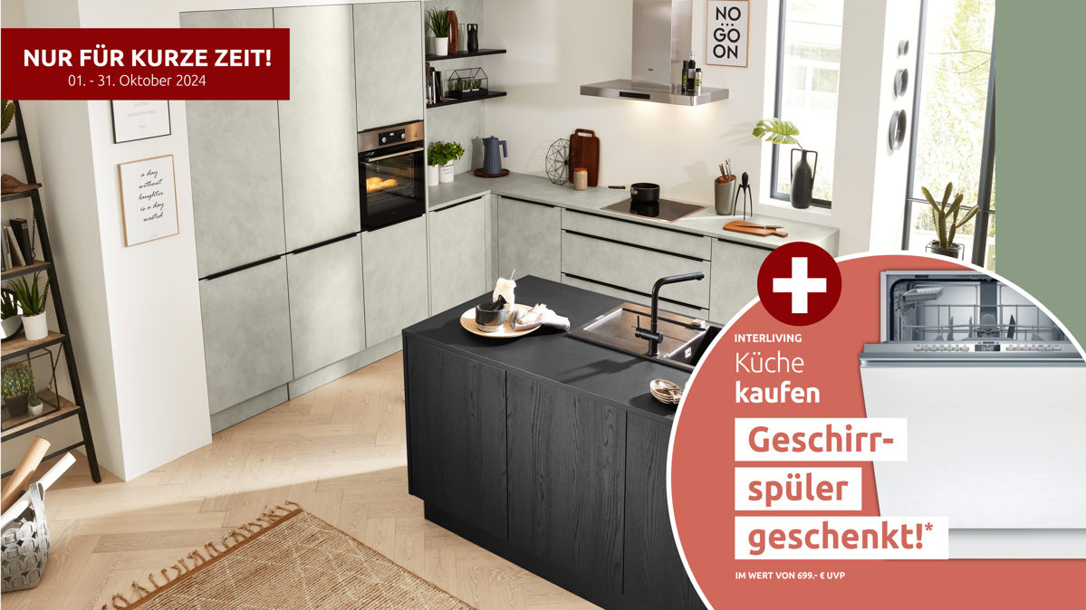 Einbauküche Interliving aus Holz in Grau Interliving Küche Serie 3040 mit AEG Einbaugeräten Zement saphirgrau & Eiche Nero – zweizeilig