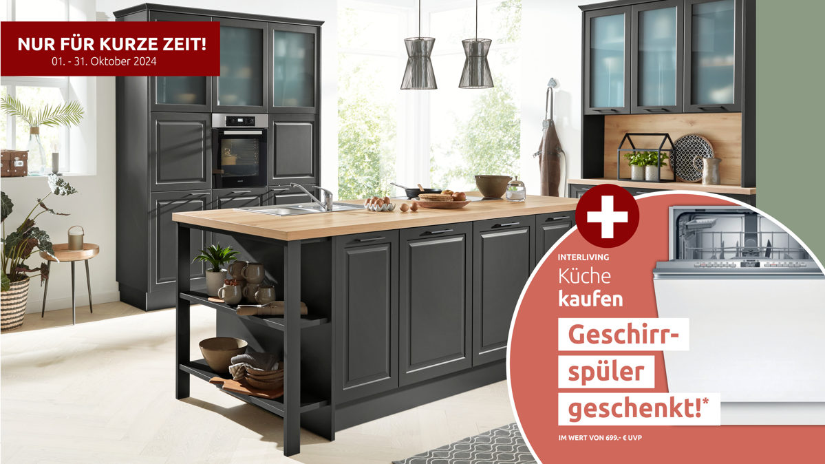 Einbauküche Interliving aus Holz in Dunkelgrau Interliving Küche Serie 3044 mit Miele Einbaugeräten Graphit & Kernbuche – zweizeilig