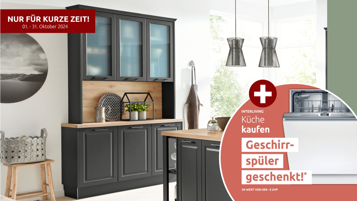 Buffet Interliving aus Holz in Dunkelgrau Interliving Küche Serie 3044 - Buffetschrank Graphit & Kernbuche – Breite ca. 150 cm